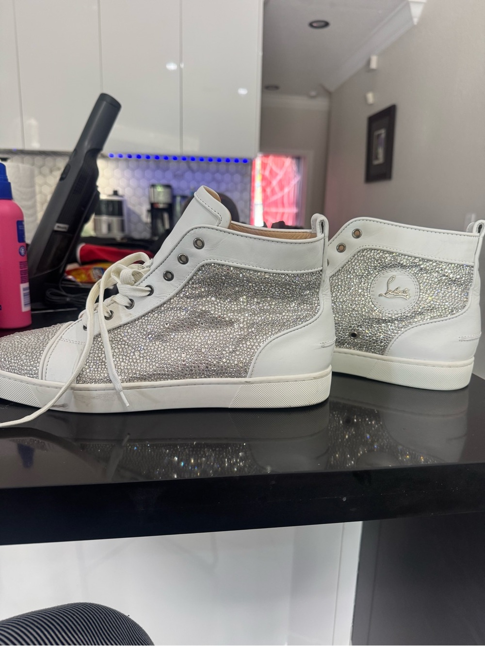 RARE Christian Louboutin White & Silver Crystal High-Top Sneakers